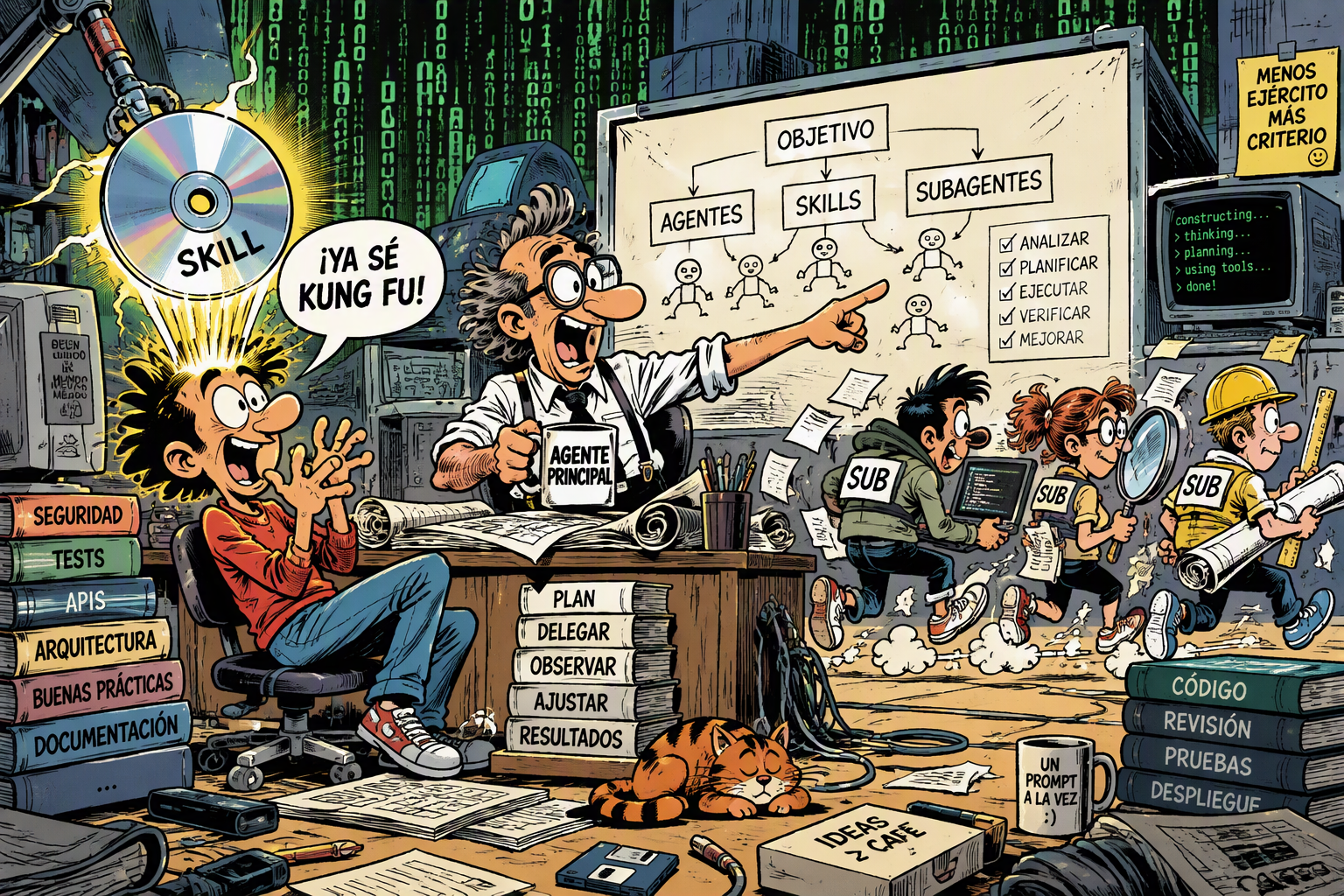 Ilustración de portada estilo cómic sobre agentes, skills y subagentes